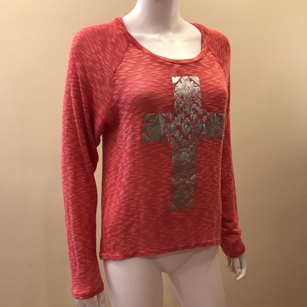 Ransom Lightweight Knit Sweater Size M Christian Silver Cross Salmon Orange